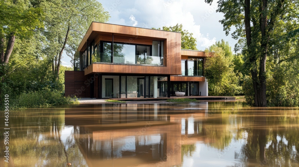 Obraz premium Contemporary house mirrored in tranquil lake reflecting modern design aesthetics