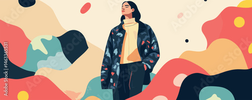 Confident young woman in stylish outfit amidst colorful abstract background.
