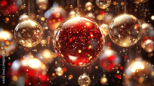 Red and gold Christmas ornaments hanging, festive background, holiday card