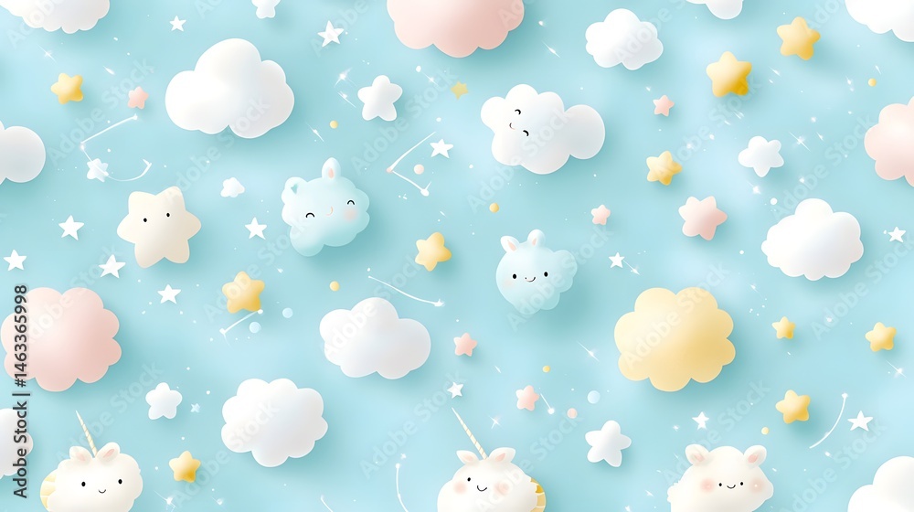 Fototapeta premium Soft Pastel Clouds and Stars Pattern for Children's Decor and Fun Themed Projects