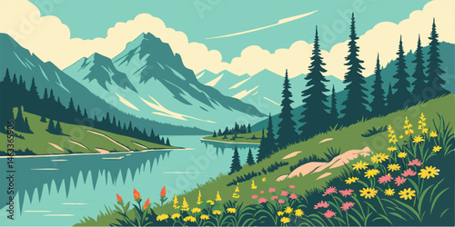 A scenic summer nature landscape poster featuring tranquil mountains reflected in a crystal-clear lake, with lush greenery, wildflowers, and a bright blue sky in the background.
