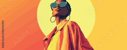 Confident woman in sunglasses with bold colors reflecting sunlight.