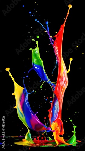 Colorful Liquid Splash Captured Mid-Air Against Black Background with Abstract Shapes and Vibrant Artistic Expression
