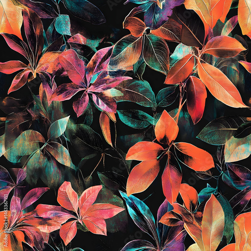 Vibrant tropical leaf pattern on a dark background.