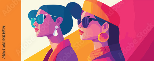 Abstract portrait of two stylish women with sunglasses in vibrant pop art style.