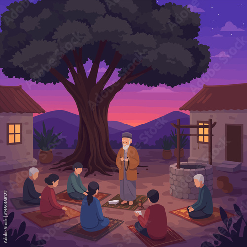 Group Praying in Village at Dusk Under Large Tree Illustration