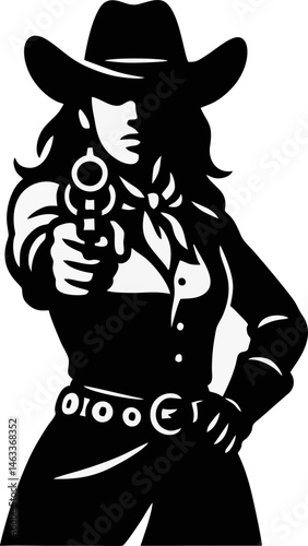 A Poised Cowgirl Wearing A Hat Aims A Gun Depicted In A Striking Black And White Vector Design