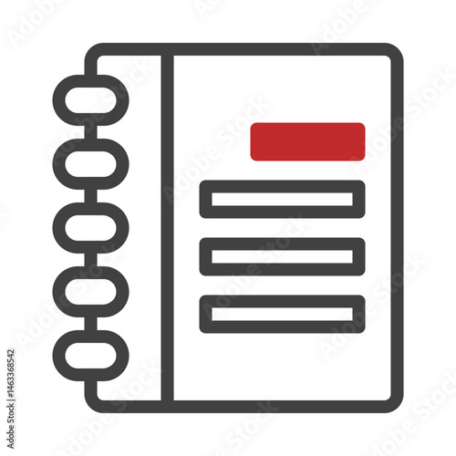 Minimalist illustration of a notebook with ring binding and red title bar