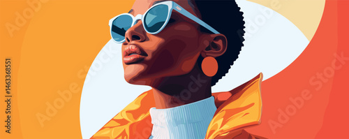 Stylish woman in orange coat and sunglasses against vibrant background.