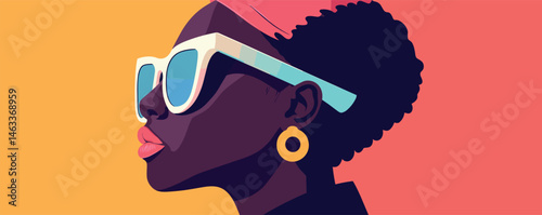 Stylish woman in sunglasses: profile view illustration of woman with afro hairstyle and colorful background