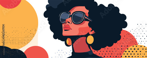 Stylish woman in sunglasses with afro and bold earrings amidst colorful abstract background.