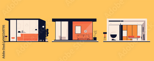 Modern minimalist interiors: three stylish room designs with bold color accents.