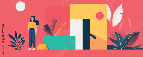 Woman standing next to colorful abstract shapes with plants and sunset in minimalist design.