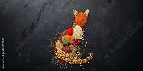 Fototapeta Naklejka Na Ścianę i Meble -  Colorful Cat Shape Made of Spices and Grains on Dark Background