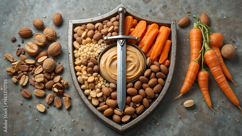 A shield displays healthy snacks: nuts, peanut butter, almonds, and carrots. A small sword rests on top, symbolizing healthy food as a defense for well-being.