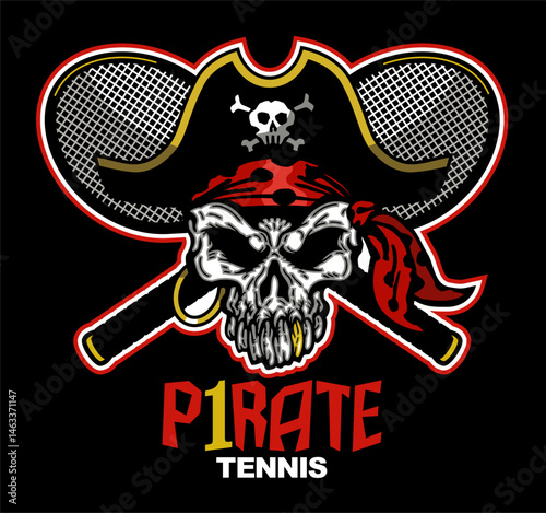 pirate mascot skull and crossed tennis racquets for school, college or league sports
