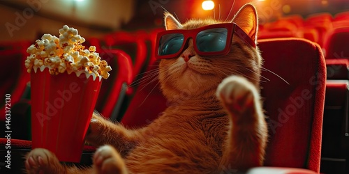 Adorable Ginger Cat Enjoys Movie Night at the Cinema with Popcorn