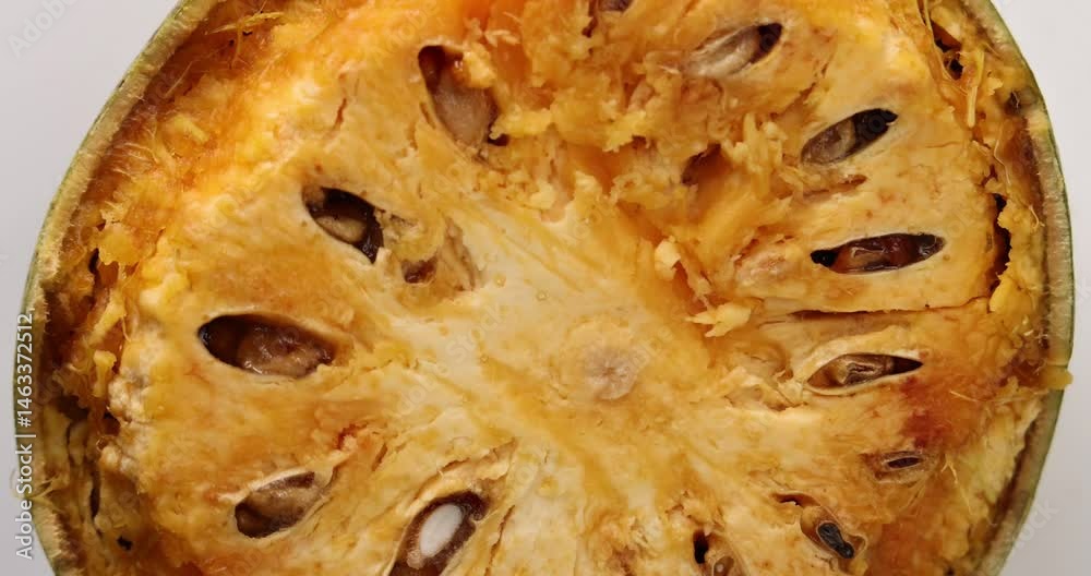 Southeast Asa wood apple bael fruit Limonia acidissima hard shell half inside flesh made juice drink ingredients 