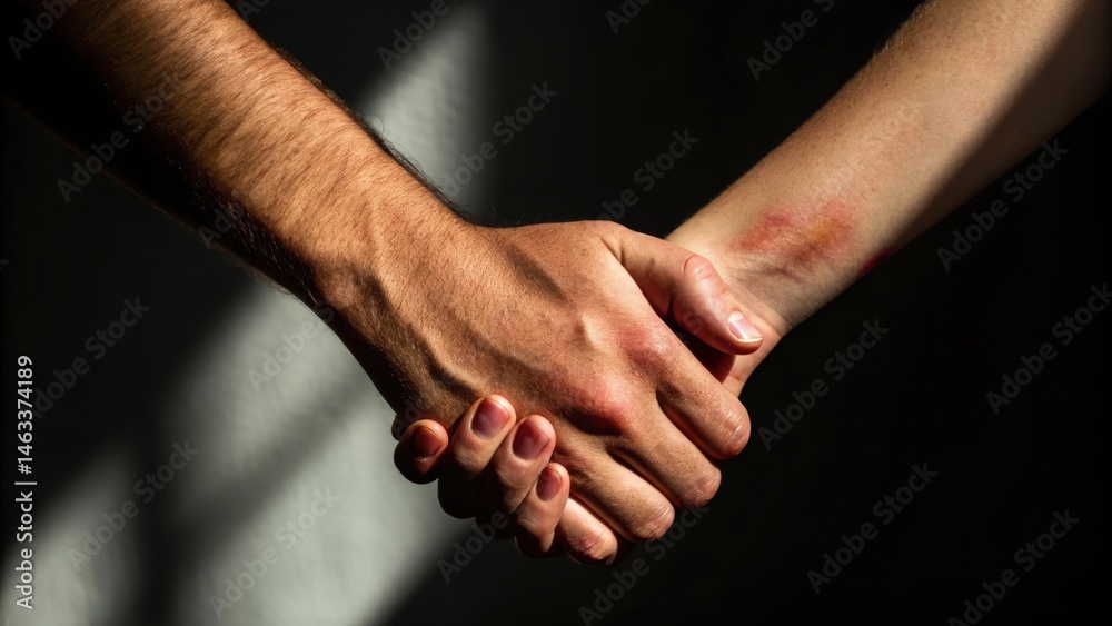 Fototapeta premium Two hands握手 in a shadowy light, symbolizing connection, unity, and partnership.