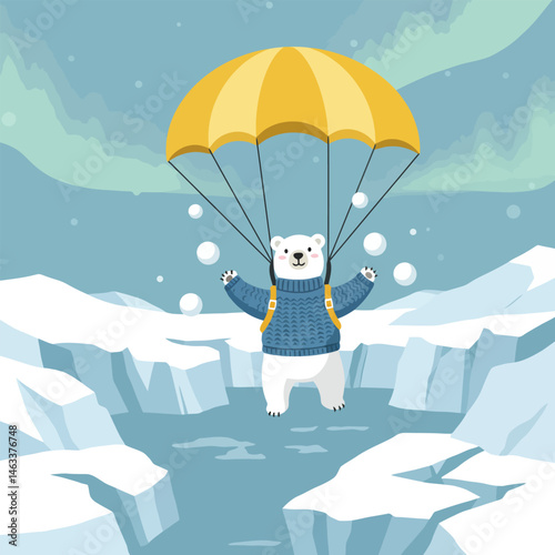 Polar Bear Parachuting Over Arctic Landscape with Snowballs Happy Illustration