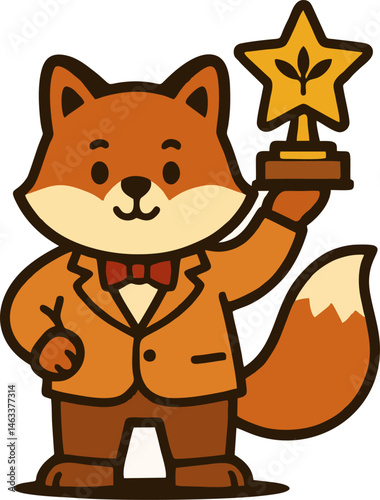 A Cartoon Fox Character Dressed Formally Triumphantly Holding Up A Gleaming Golden Star Trophy