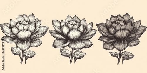 Wallpaper Mural Elegant Hand-Drawn Lotus Flower Trio: Botanical Illustration in Monochrome Ink Sketch Style Torontodigital.ca