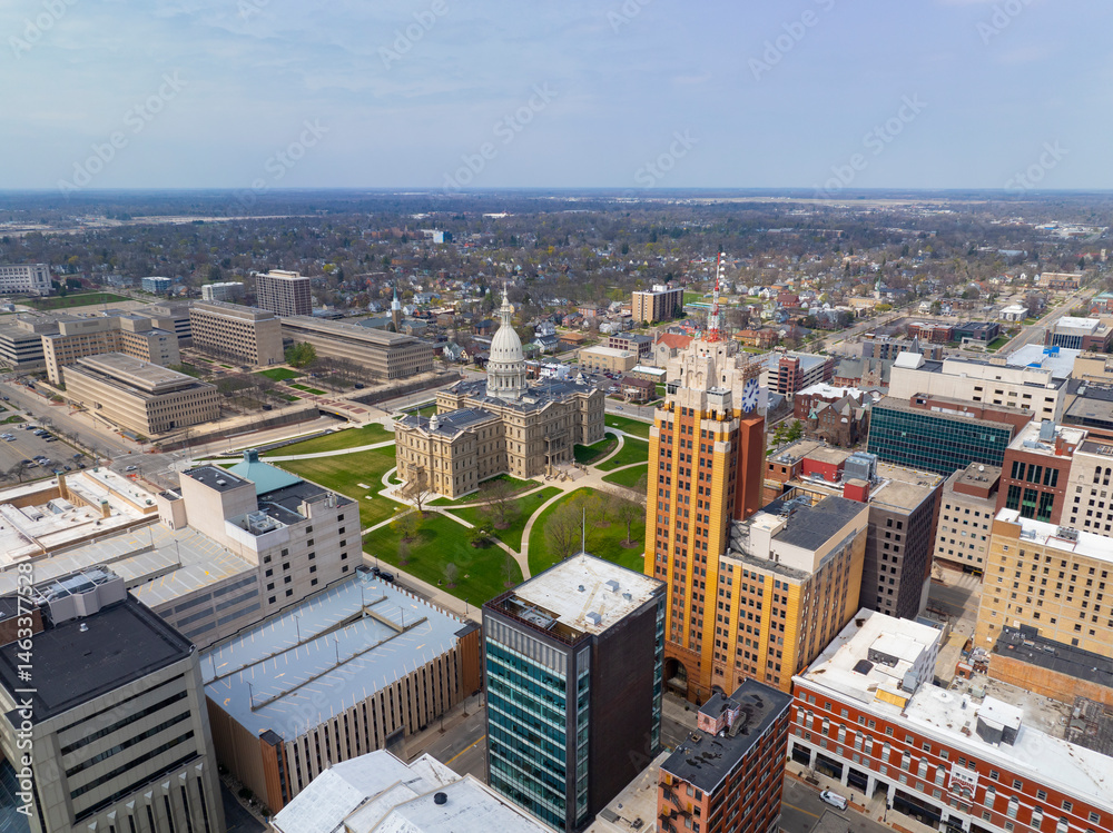 Michigan State Capitol aerial view at the end of Michigan Avenue with Boji Tower, Lansing, Michigan MI, USA.