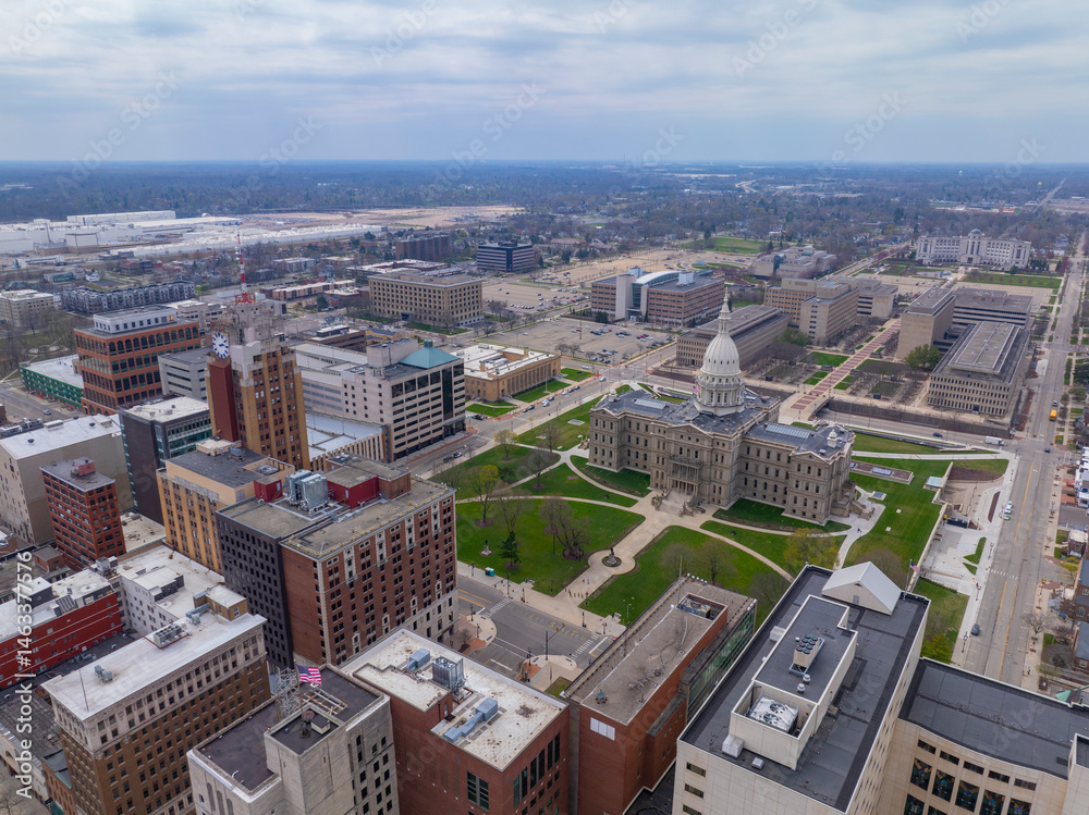 Michigan State Capitol aerial view at the end of Michigan Avenue with Boji Tower, Lansing, Michigan MI, USA.