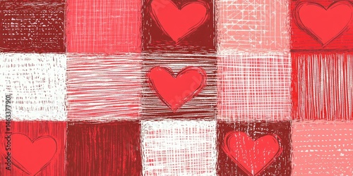 Romantic Red Hearts Patchwork Design: Valentines Day Abstract Background Texture