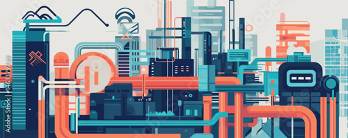 Futuristic cityscape with geometric buildings and colorful pipes in urban landscape.