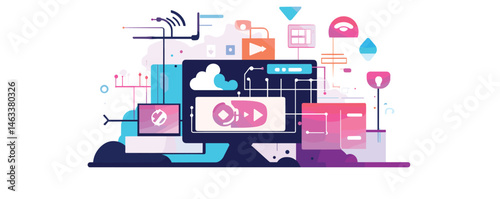 Futuristic computer network with digital icons and interactive interface elements.