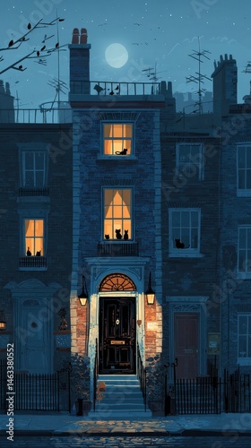 Nocturnal cityscape row houses with glowing windows.