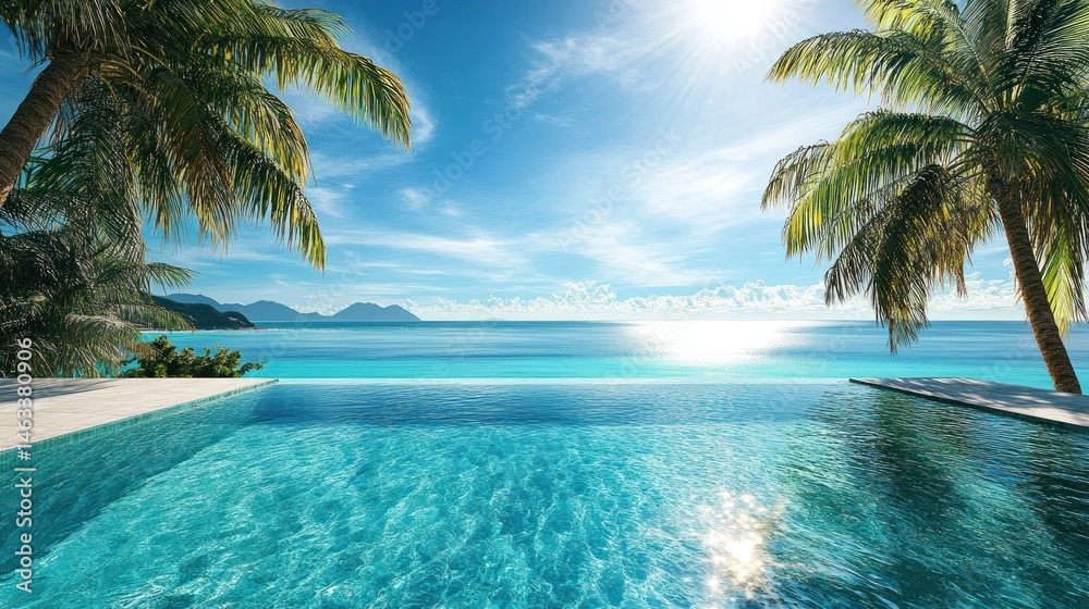 Fototapeta premium Serene Ocean View with Infinity Pool and Palm Trees