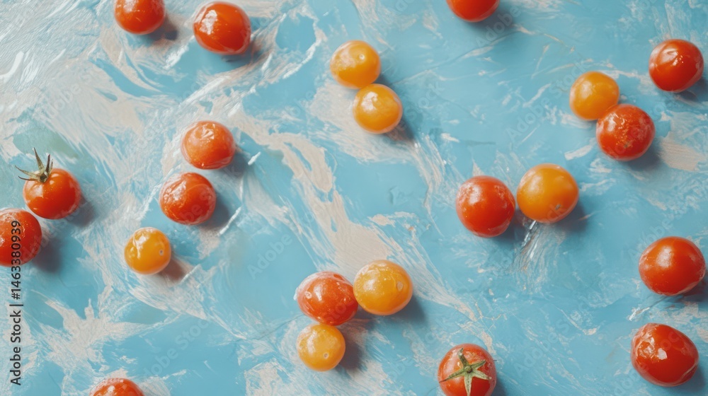 Colorful Cherry Tomatoes Arranged on a Blue Marbled Surface