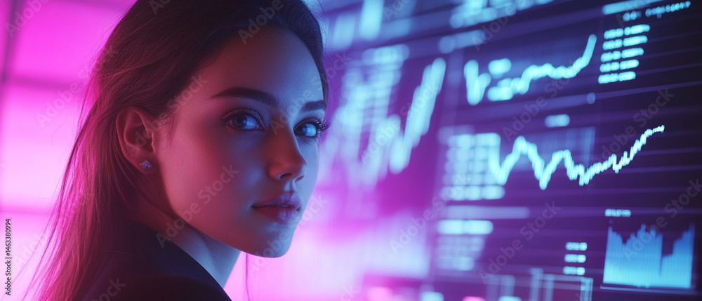 A focused young woman analyzes complex data on a digital screen illuminated by vibrant colors, showcasing modern technology in action.