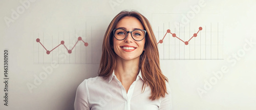 A confident businesswoman smiles in front of a wall chart, representing growth and success in her professional journey.