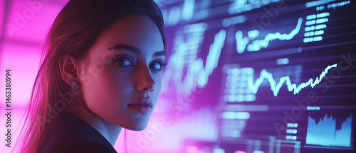 A focused young woman analyzes complex data on a digital screen illuminated by vibrant colors, showcasing modern technology in action.