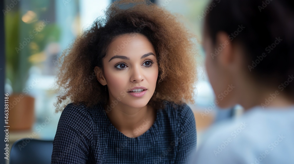 A woman talks to an insurance advisor her attentive face showing trust and focus