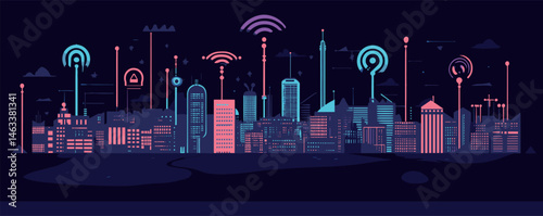 Futuristic cityscape with neon buildings and technology icons at night.