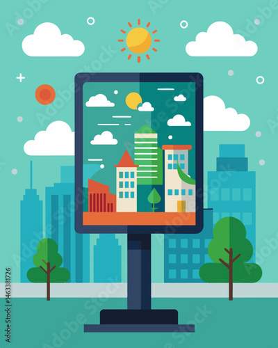 An interactive billboard in the center of a city displaying weather updates and news headlines all thanks to solar power.. Vector illustration