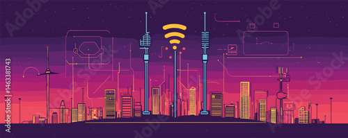 Futuristic city skyline with antennas and wi-fi symbol at sunset.