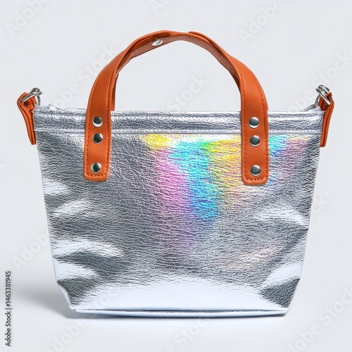 Silver Iridescent Tote Bag with Brown Leather Handles