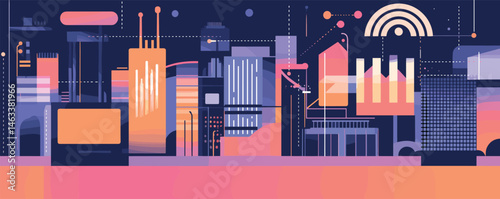 Futuristic abstract cityscape at dusk with geometric skyscrapers and vibrant colors.