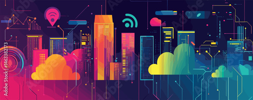 Futuristic smart city skyline with digital network and wireless connectivity.