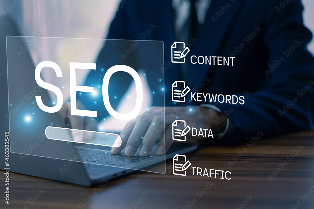 Businessman analyzing SEO performance using digital tools and data visualization to improve website traffic, keyword strategy, and content planning.