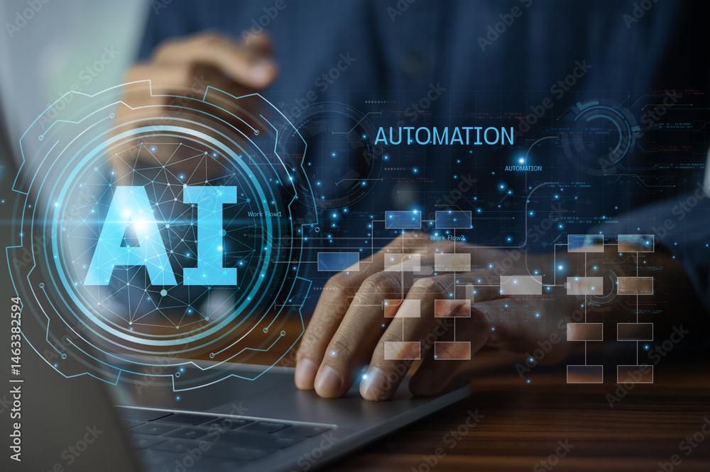 Businessman using AI assistant and smart technology to analyze data, optimize workflow, and improve business performance with modern digital solutions in the workplace.