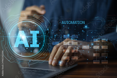Obraz na płótnie Businessman using AI assistant and smart technology to analyze data, optimize workflow, and improve business performance with modern digital solutions in the workplace. w salonie