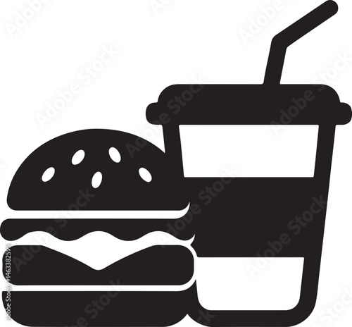 Monochromatic illustration of a burger and a soda, a common fast food combination._traced