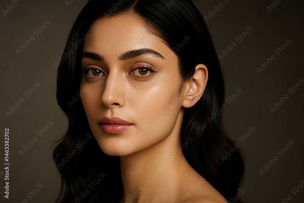 Elegant Indian woman with glowing skin in classic beauty portrait