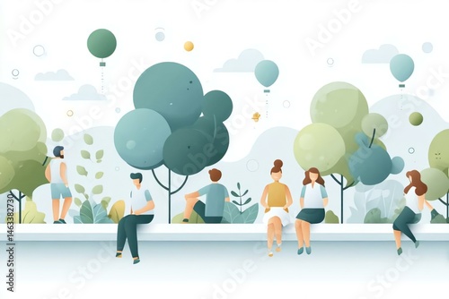 Serene Park Scene with People Enjoying Nature and Colorful Balloons